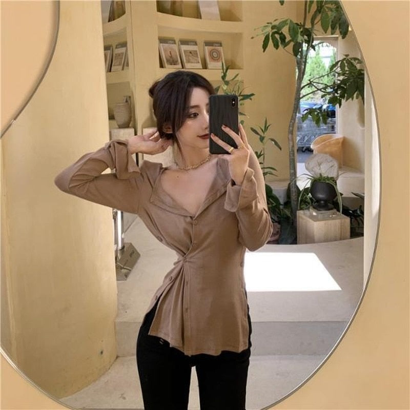 Back to college T-Shirts Women Solid Fashion Slim Summer New All-Match Korean Style Leisure V-Neck Irregular Long Sleeve Comfortable Female Tops