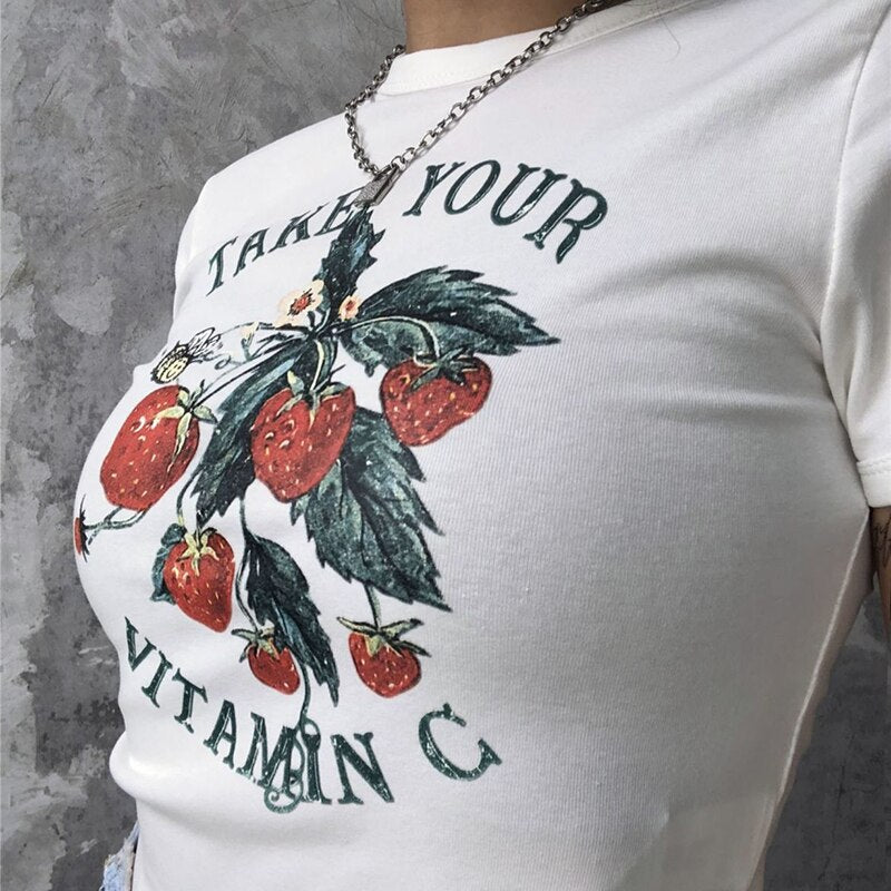 Ifomt 90s Vintage Cute Casual Sweet Strawberry Print Crop Top Summer Harajuku Streetwear kawaii Graphics Y2K Slim Letter Women T-Shirt