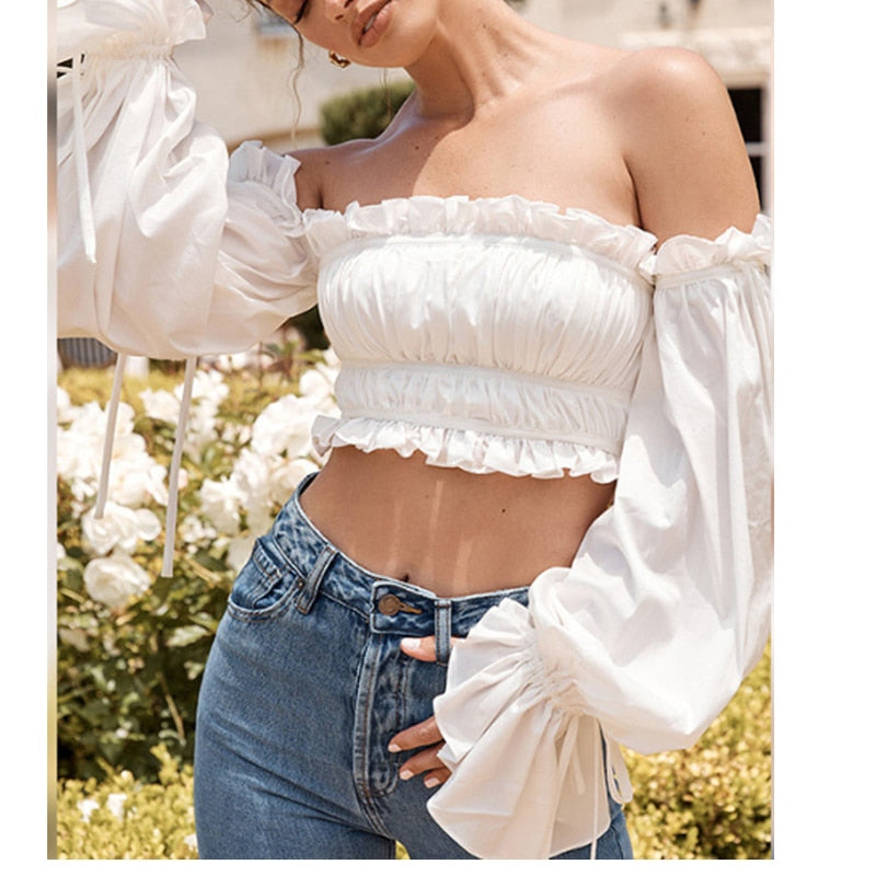 2022 Women T-Shirt Female Long Flare Sleeve Off-the-Shoulder Short Tops Elegant Ladies Ruffles Solid Slim Ruched Clothing