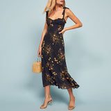 Ifomt Summer Dress Beach Vacation Sweetheart Neck Strap Floral Dress Women Clothing Midi Ruffle Hem Vintage Dress