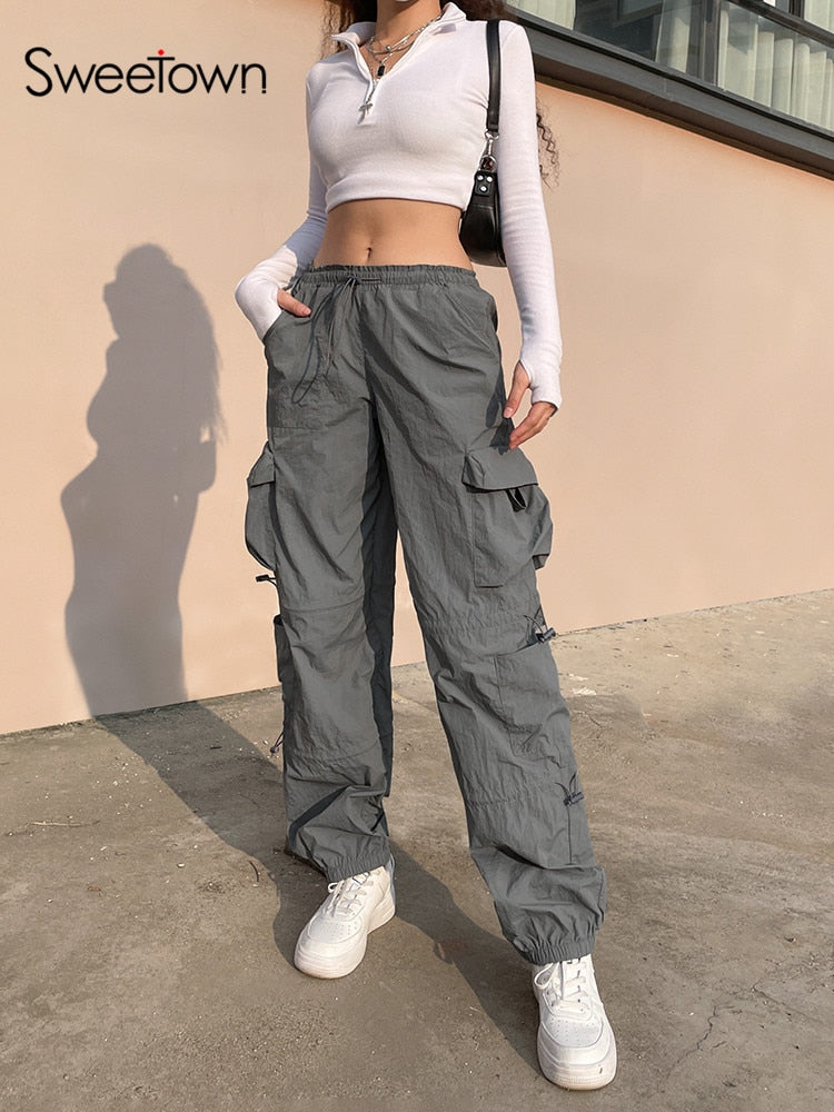 Ifomt  Gray Solid Hippie Y2K Sweatpants Drawstring Low Waist Casual Baggy Joggers Women Patchwork Pockets Black Cargo Pants