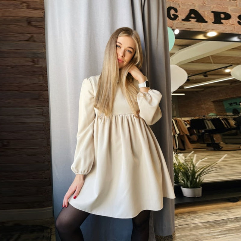Ifomt O-Neck Folds Lantern Sleeve Casual Dresses Autumn Solid Color A-Line Loose Comfort High Waist Dress For Women New