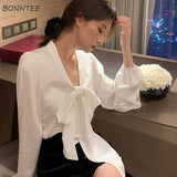 Blouses Women Elegant Bow All-match Loose Chiffon Slim Harajuku Vintage College Casual Spring Y2K Stylish Solid Cropped Female