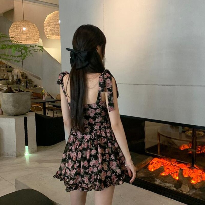 Ifomt Back to college Women Sleeveless Dresses Floral Above Knee Sweet Hot Trendy Slim Sexy Ruffles Kawaii Elegant Temperament Mujer Retro Bow Teens
