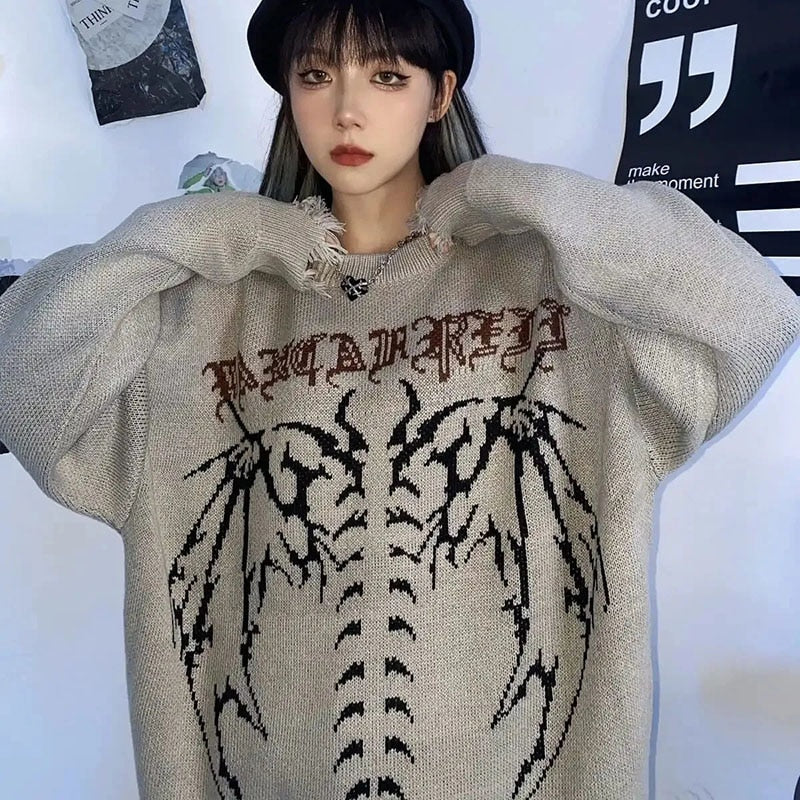 Ifomt Damaged Hole Harajuku Streetwear Dark Skeleton Gothic Letter Punk Sweater American Vintage Hip Hop Loose Women Knitted Sweaters