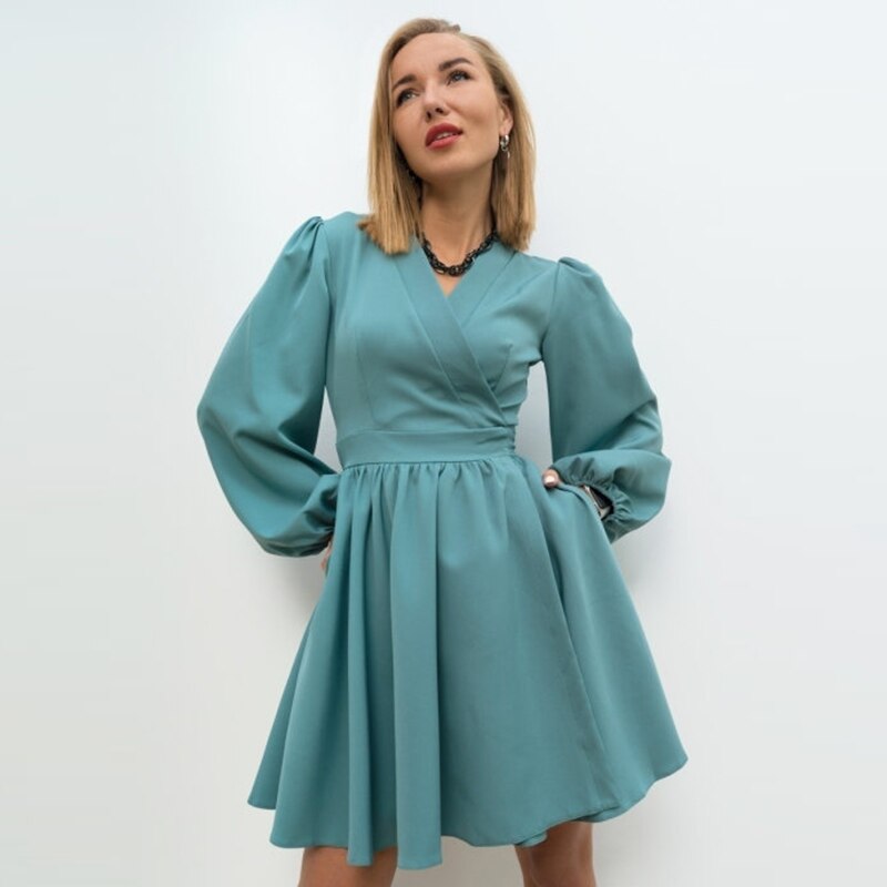 Ifomt V-Neck Belt Folds Puff Sleeve Casual Dress Autumn Loose Comfort High Waist Office Lady A-Line Dresses For Women