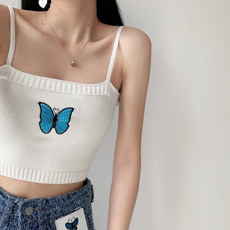Ifomt Vintage Butterfly Embroidery Knit Long Sleeve Cardigan Tank Korean Lady Y2K Streetwear Sweet Girl Casual Autumn Short Sweater
