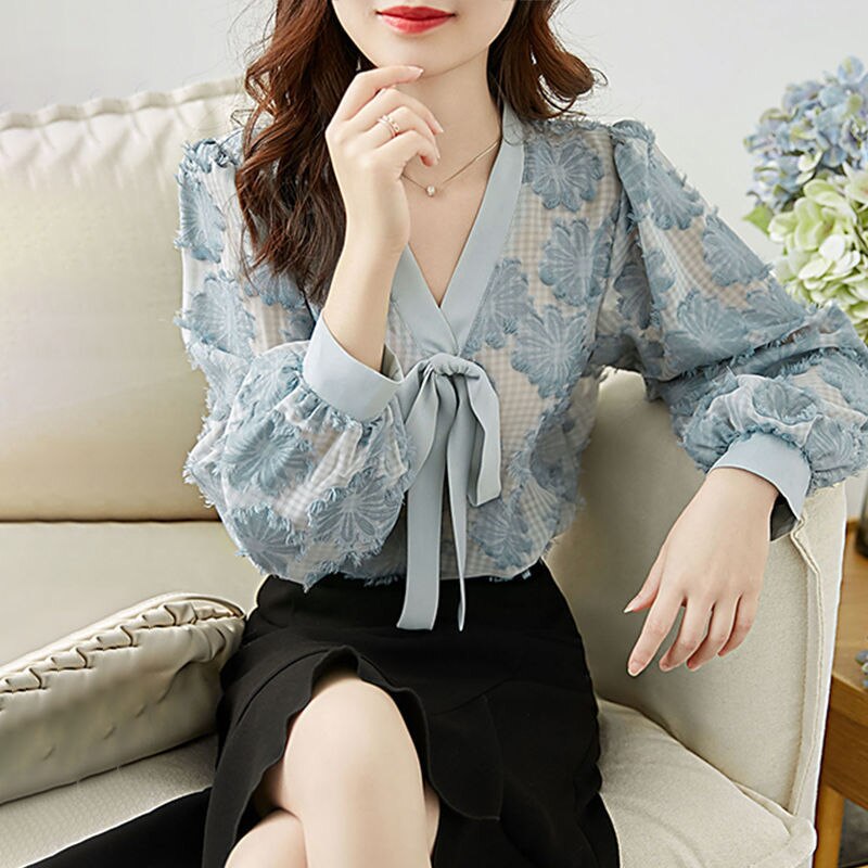 Blouses Women V-neck Bow New Arrival Lantern Sleeve Elegant Office Lady Korean Style Loose Casual Trendy Chic Shirts Female Tops