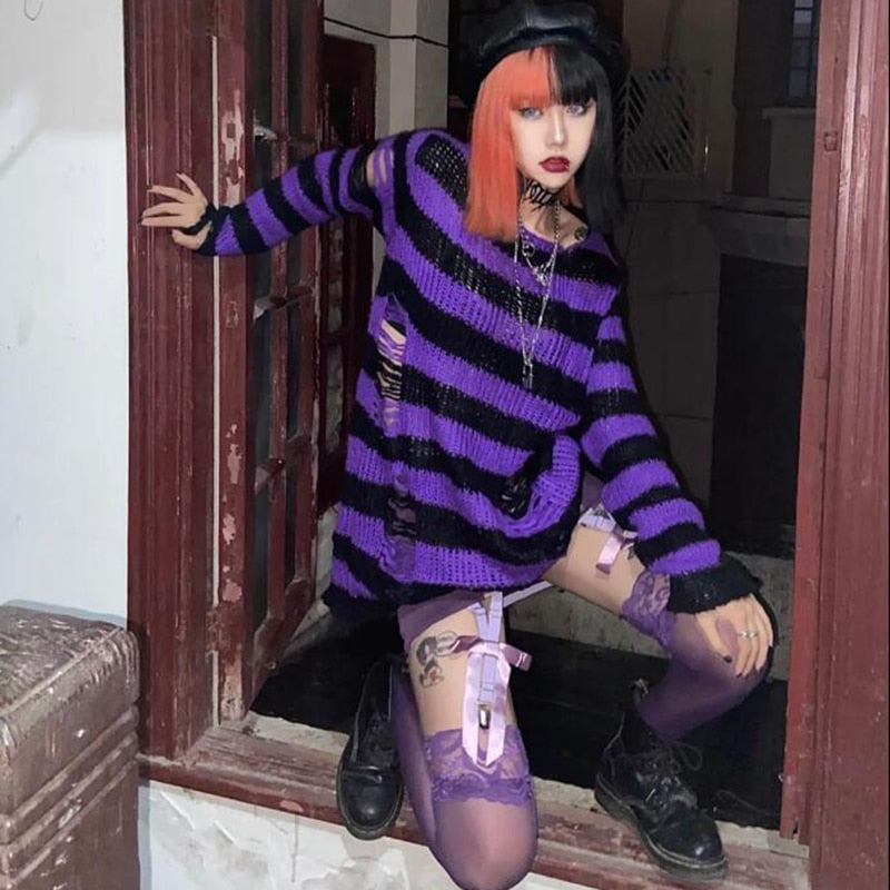 Ifomt Goth Punk Dark Black Wild Ripped Torn Mid-Length Knitted Tops Japanese Y2K Streetwear Hip Hop Couple Striped Loose Women Sweater