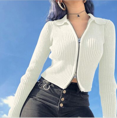 Ifomt Striped Zipper Sweater New Women Autumn Winter Solid Color Wild Short Paragraph Open Navel Lapel Long-Sleeve Tide Casual Tops