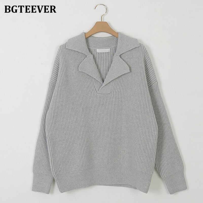 Ifomt  Elegant Turn-Down Collar Loose Women Sweaters Full Sleeve Solid Female Knitted Pullovers 2022 Autumn Winter Knitwear