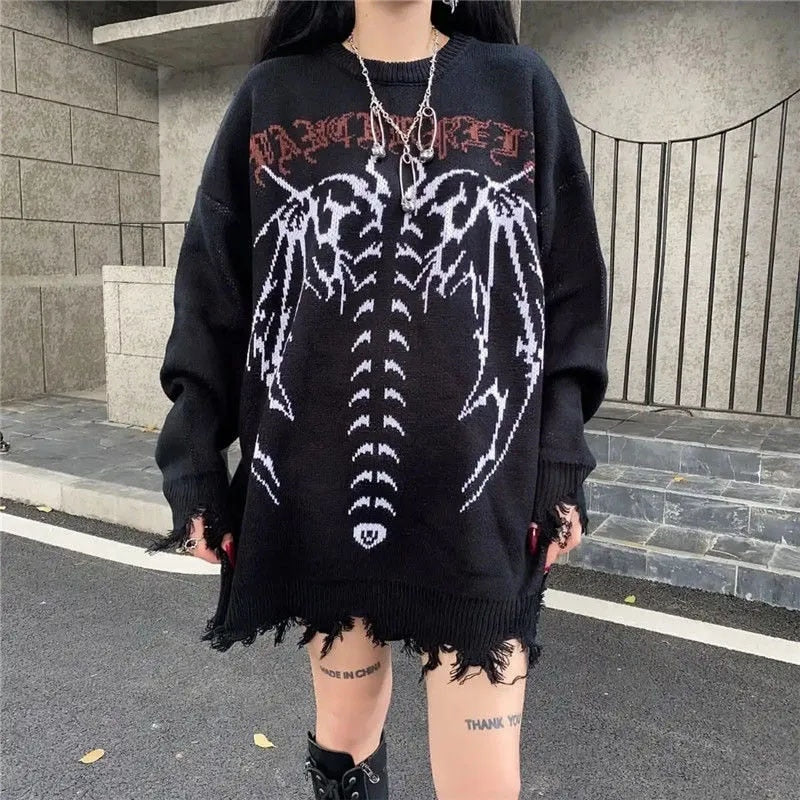 Ifomt Damaged Hole Harajuku Streetwear Dark Skeleton Gothic Letter Punk Sweater American Vintage Hip Hop Loose Women Knitted Sweaters