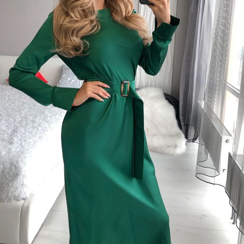 Ifomt Casual O-Neck Belt Elegant Long Dress Autumn Solid Color Long Sleeve High Waist Comfort Party Dresses For Women