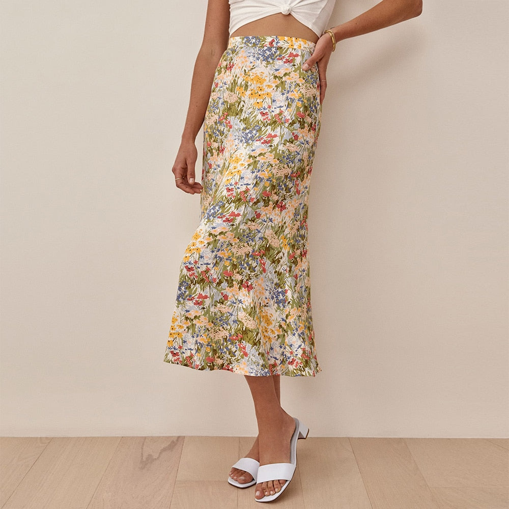 Ifomt Summer Skirt Beach Vacation Casual Daisy Floral Skirt High Waist Elegant Midi Skirt Women Clothes Back Zipper Long Skirts