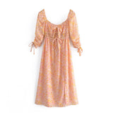 Ifomt 2023 Summer Autumn O-Neck 1/2 Sleeve Print Chiffon Women Split Mid-Calf Dress