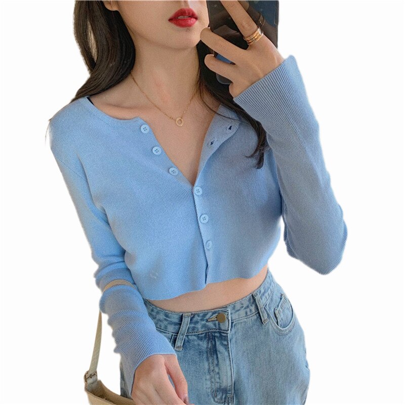 2023 Women   Tops Hot Fashion Solid color Buttons Uo Slim Fit Casual T Shirt Long sleeve Cardigan Crop tops Streetwear Female