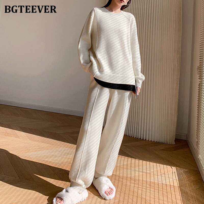 Ifomt  Elegant Ladies Knitted Trousers Set O-Neck Patchwork Pullovers Sweaters & Drawstring Pants Women 2 Pieces Set