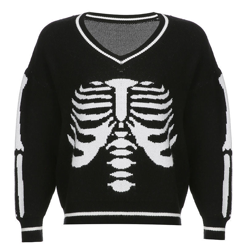 Ifomt Y2K Skeleton Pullovers Sweaters V-Neck Knitwear Loose Casual Knitted Jumpers Women Streetwear Vintage Sweet Autumn Winter Tops