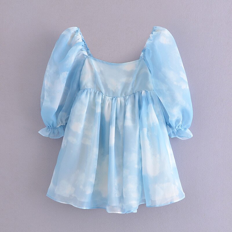 Ifomt 2023 Summer Nlue Puff Tulle Dress Tie Dye Summer Dress Vintage Square Neck Mini Woman Dress Holiday Dress