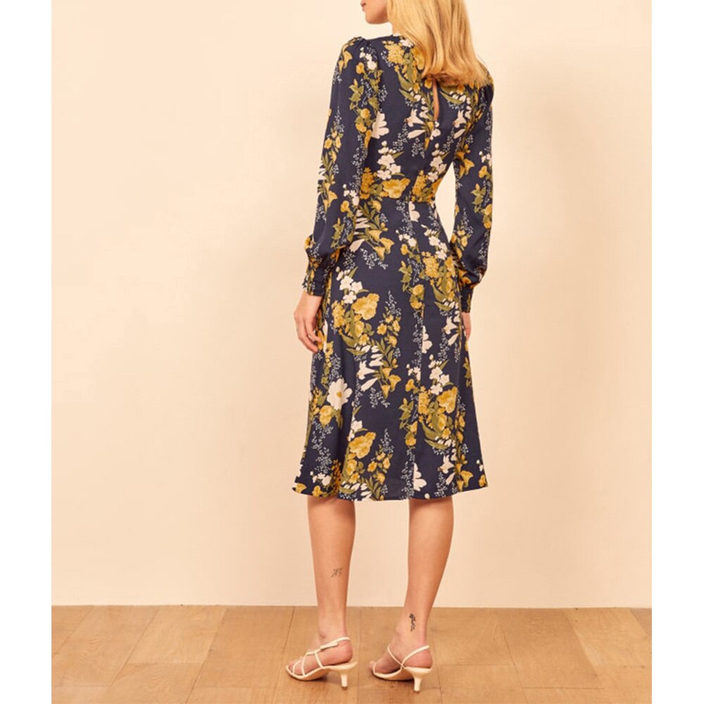 Ifomt Dresses For Women  Vintage Print Chiffon Midi Floral Dress Spring Autumn Round Neck Puff Long Sleeve Dress