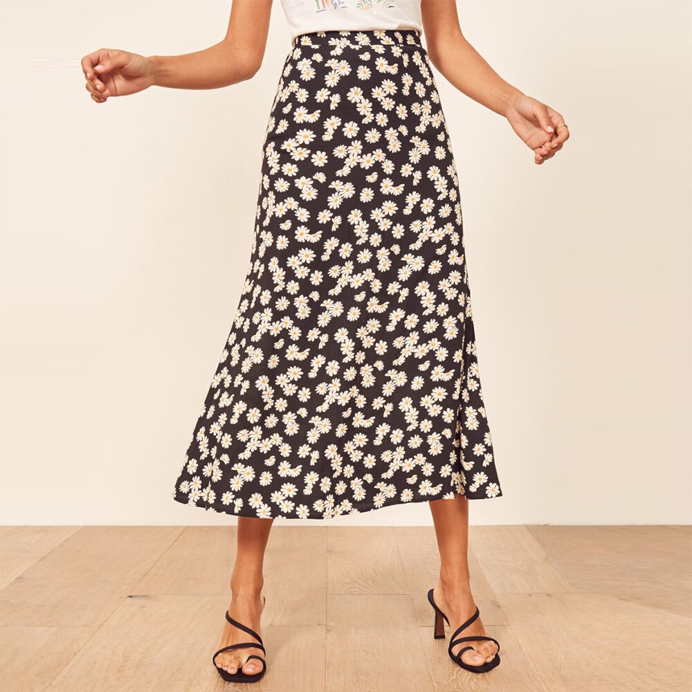 Ifomt Skirts Womens Midi Elegant Vintage Print High Waist Skirt Summer Clothes Women Fashion Back Zipper Calf Length Long Skirts