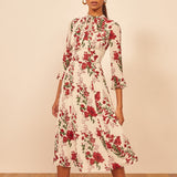 Ifomt Woman Dress Spring Summer Print Vintage Floral Dress Bow Tie Neck 3/4 Ruffle Sleeve Chiffon Midi Dresses For Women
