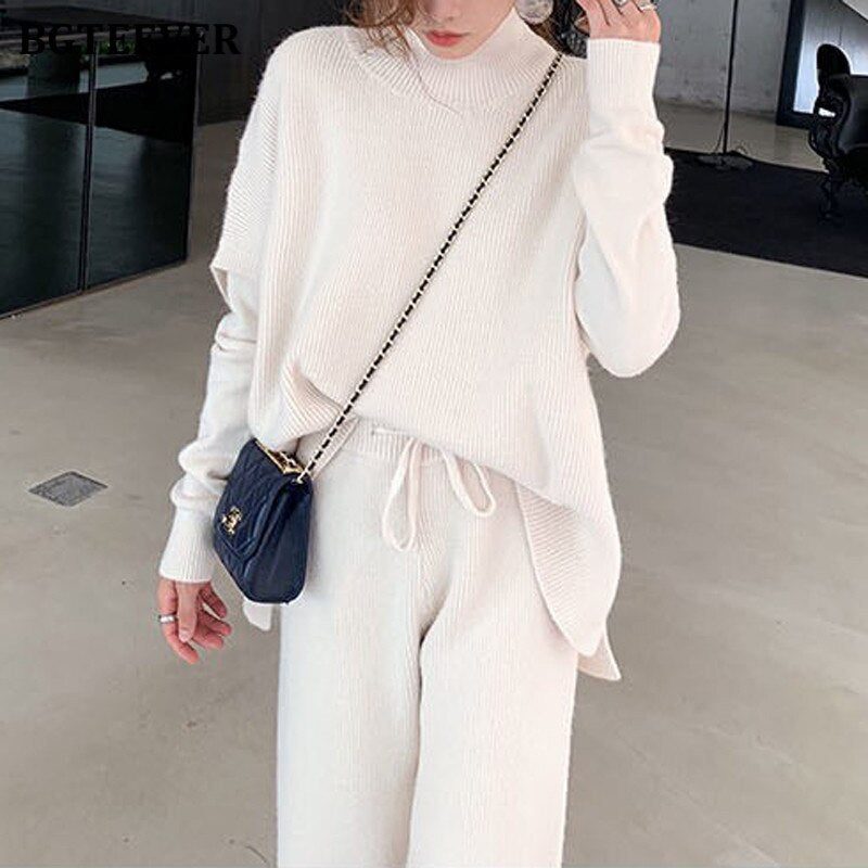 Ifomt  Elegant Thicken Ladies Knitted Trouser Set Long Sleeve Sweater & Sleeveless Vests & Drawstring Pants Women 3 Pieces Set