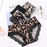 2Pcs Women's Leopard Print Underwear Female   Lace Panties Mid-Waist Ice Silk Briefs Women Solid Color Underpants Lingerie