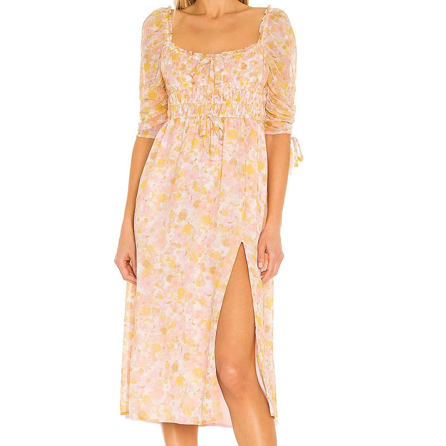 Ifomt 2023 Summer Autumn O-Neck 1/2 Sleeve Print Chiffon Women Split Mid-Calf Dress