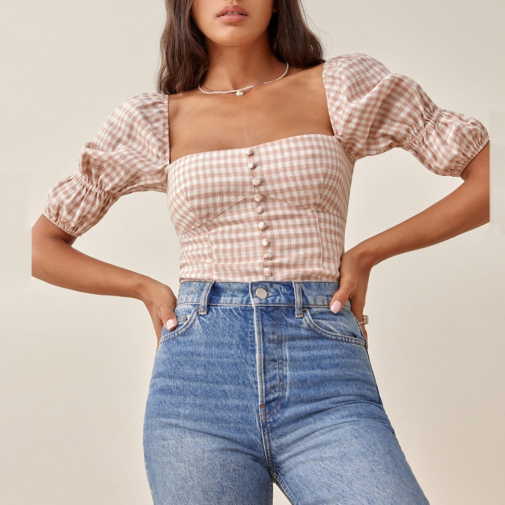 Ifomt Womens Tops And Blouses Front Buttons Fitted Summer Casual Plaid Top Women Square Neck Double Puff Sleeve Elegant Blouse