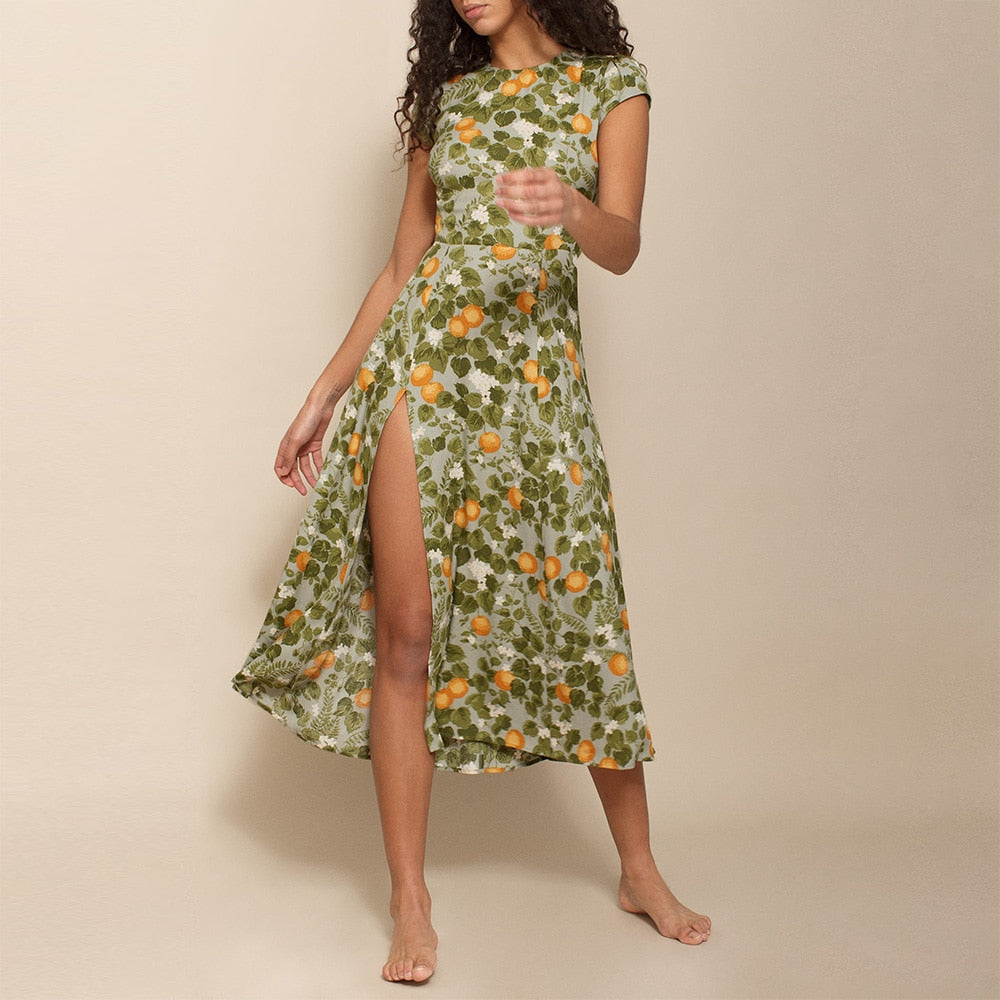 Ifomt Summer Dresses For Women Side Slit Backless Sexy Dress Round Neck Cap Sleeve Vintage Print Midi Floral Dress