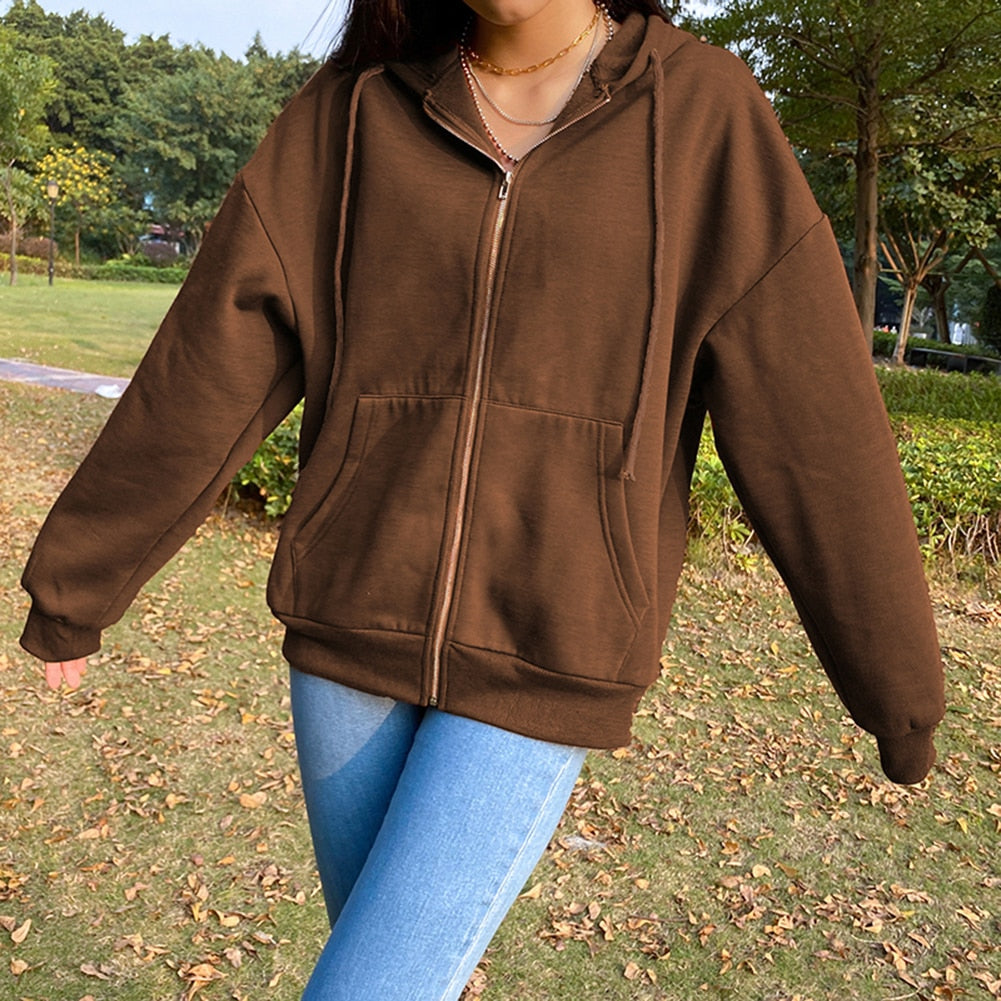 Ifomt Brown Y2k Hoodies Women Aesthetic Vintage Zip Up Sweatshirt Winter Jacket Pockets Long Sleeve Solid Hooded Pullovers Streetwear