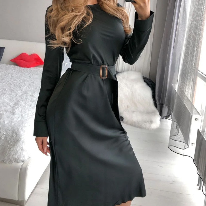 Ifomt Casual O-Neck Belt Elegant Long Dress Autumn Solid Color Long Sleeve High Waist Comfort Party Dresses For Women