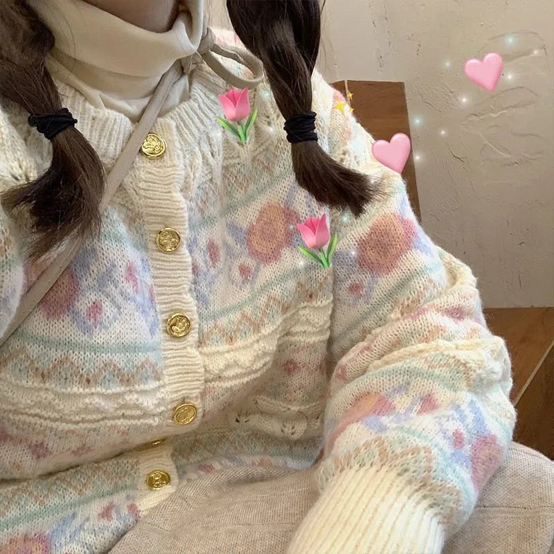 Ifomt Hollow Loose Flower Knitted Cardigan Vintage Sweater Sweet Knitted Cardigan Women Autumn Winter Button Kawaii Sweater Korean Top