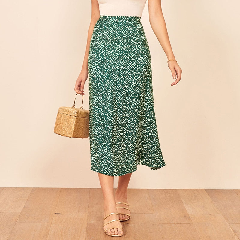 Ifomt Print Vintage Skirt Summer Skirts Womens Office Lady Elegant A Line Midi Skirt Women High Waist Casual Chiffon Long Skirt