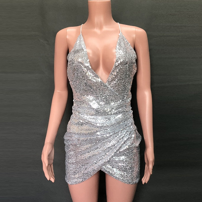 Backless Sexy Party Sequin Dress Women Glitter Club Bodycon Mini Dress Summer Spaghetti Strap Christmas Dress Vestidos