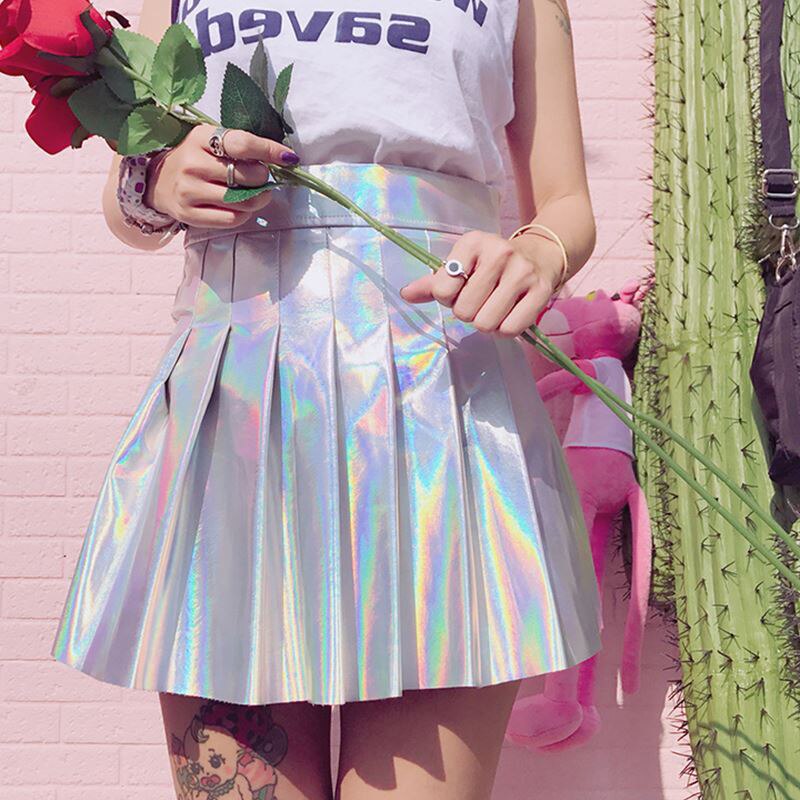 Ifomt Ulzzang Harajuku fluorescent Mini PU skirt metal silver shiny laser high waist New Summer kawaii cute women Pleated bubble skirt