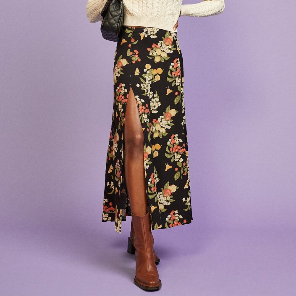 Ifomt Skirts Womens Fashion Women Clothing Elegant Sexy Side Slit Leopard Skirt High Waist Back Zipper Summer A Line Midi Skirt