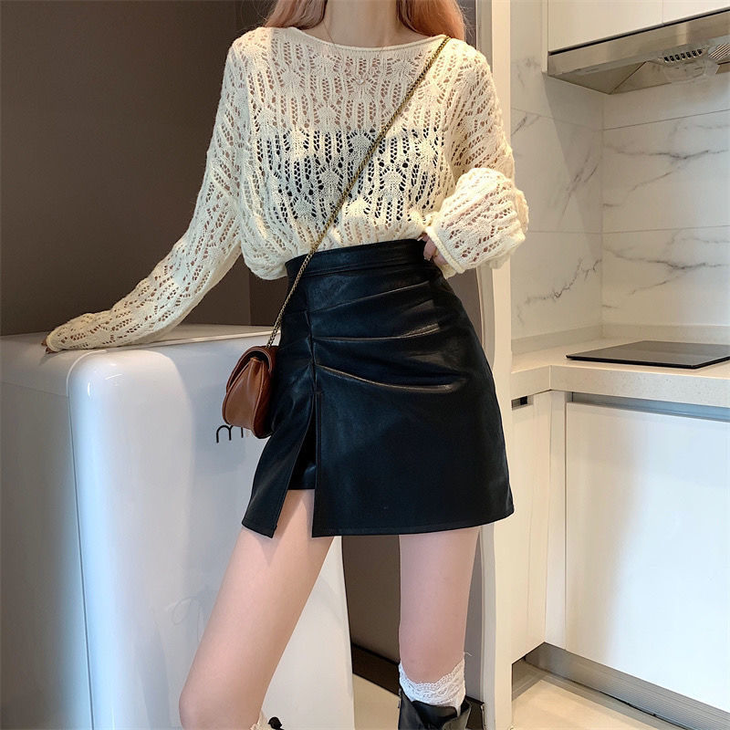 Back to college Mini Skirt Women Irregular PU Sexy Slim Party Feminino Cozy Ins Design Korean Style Side-Slit Simple Solid All-Match Leisure New