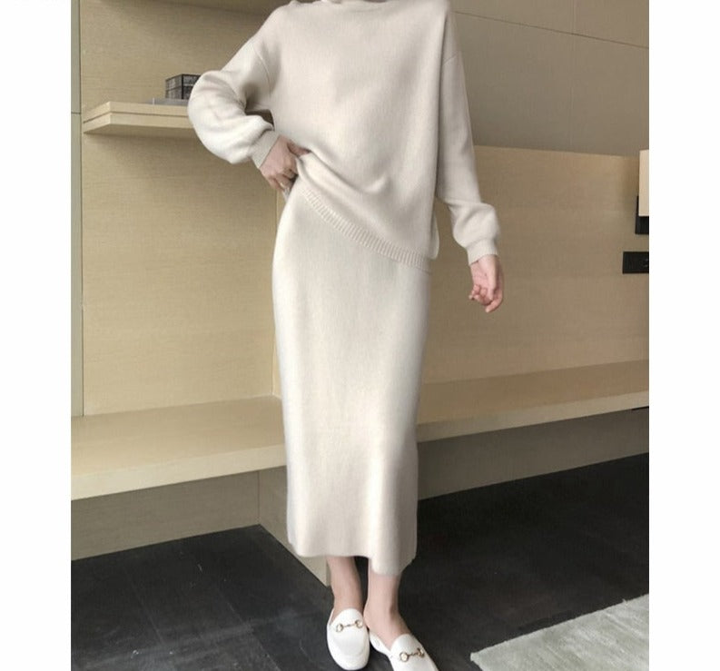 Ifomt  Autumn Winter Ladies 2 Pieces Sweater Set Women Turtleneck Pullover Jumpers & Elastic Mid-Length Pencil Knitted Skirts