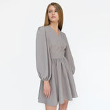 Ifomt V-Neck Belt Folds Puff Sleeve Casual Dress Autumn Loose Comfort High Waist Office Lady A-Line Dresses For Women