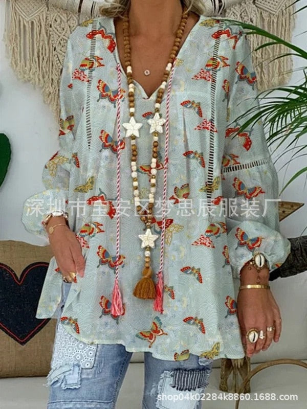 2022 loose women's pullover blouse spring new ladies bohemian casual long-sleeved printed shirt