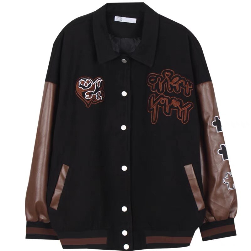 Ifomt 90S Vintage Black Leather Stitching Sleeve Baseball Female Jacket Streetwear Harajuku Embroidery Couple Casual Brown Jacket Coat