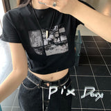Ifomt 90s Black Goth Harajuku Vintage Grunge Graphic Slim Short Crop Top Streetwear Sexy Summer Harajuku Y2K Punk Casual Women T-Shirt