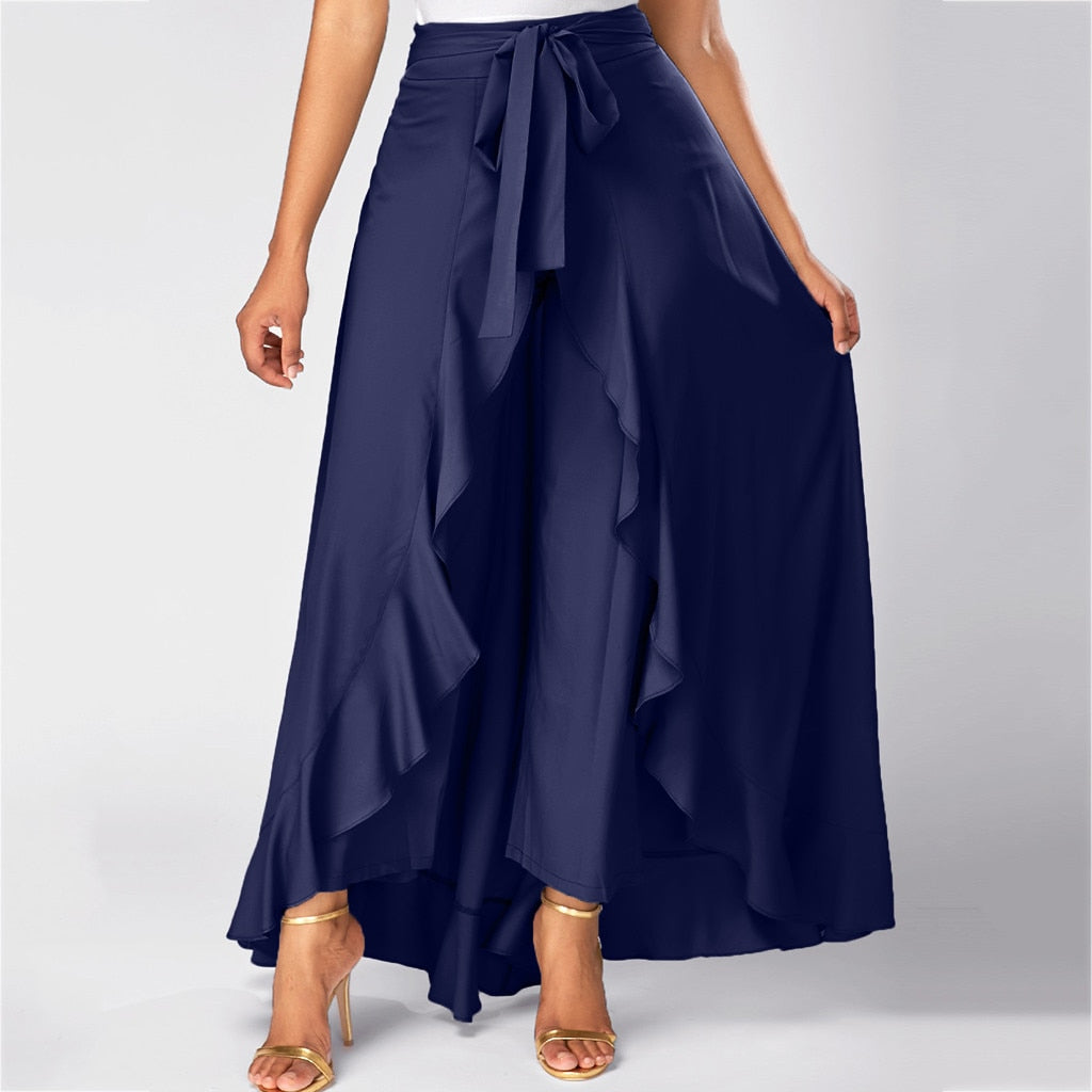 Ifomt Women Pants with Skirt Ruffle Belt Trouser Elegant High Waist Trousers Women Irregular Loose Pure Color Spring Fall Casual Pant