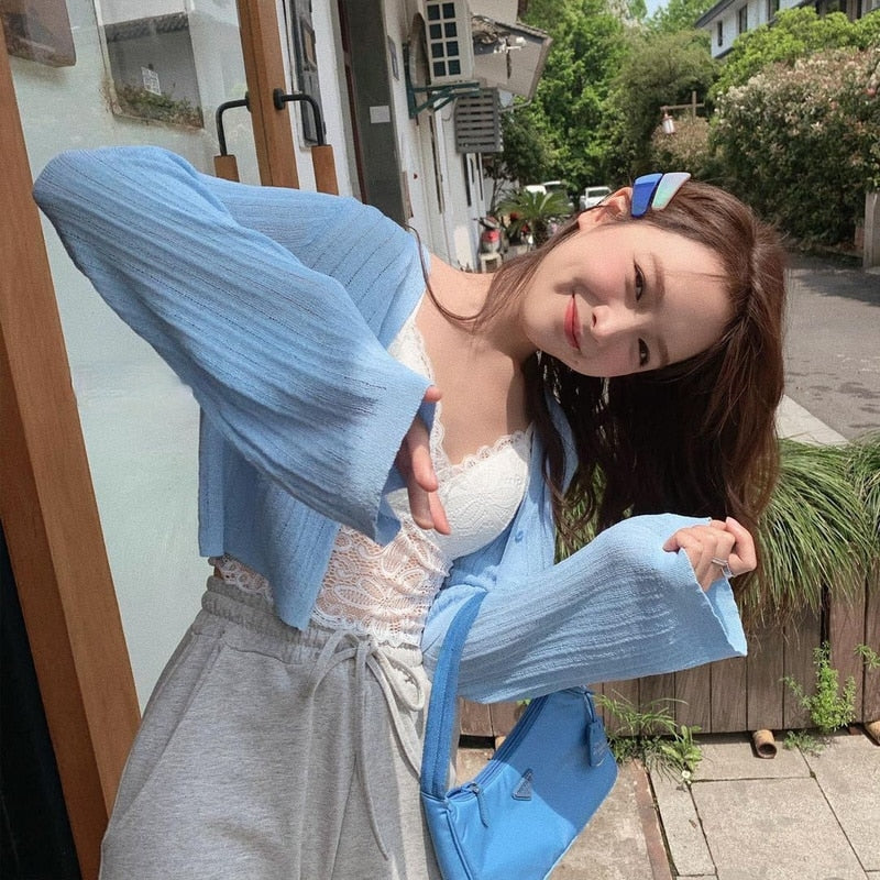 Ifomt Back to college Cardigan Women All-Match 6 Colors Simple Korean Solid Slim Cropped Sun-Proof Summer Harajuku Fashionable Daily Ulzzang   Y2K