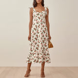 Ifomt Summer Dress Beach Vacation Sweetheart Neck Strap Floral Dress Women Clothing Midi Ruffle Hem Vintage Dress