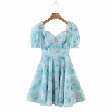 Ifomt 2023 Summer Short Sleeve Palace Style Print Defined Waist Puff Sleeve Mini A-Line Organza Holiday Mini Dress