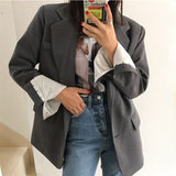 Ifomt Fashion Autumn Winter Gray Women Blazer Coat Casual Long Sleeve Loose Female Coats Offiec Ladies Elegant Suit Blazer Fall Outfits 2023