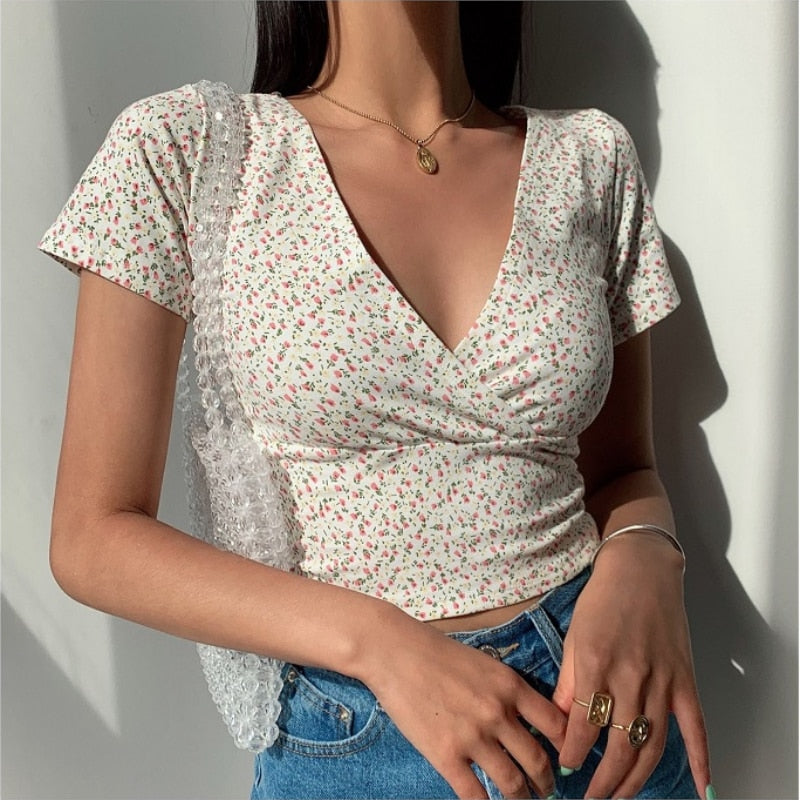 Back to college Summer French Retro Floral V-Neck Short-Sleeved T-Shirt Slim Slimming Wild High Waist T-Shirt Women's Top